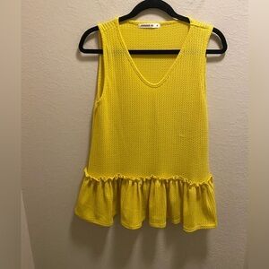 Hanger 55 Yellow Waffle Knit V-Neck Blouse With Ruffle Bottom